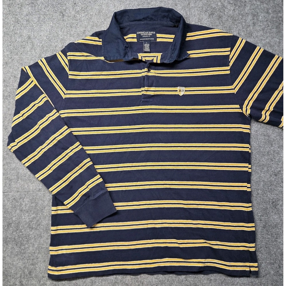 American Eagle Polo Mens Size L Navy Yellow Striped Long Sleeve Cotton Rugby